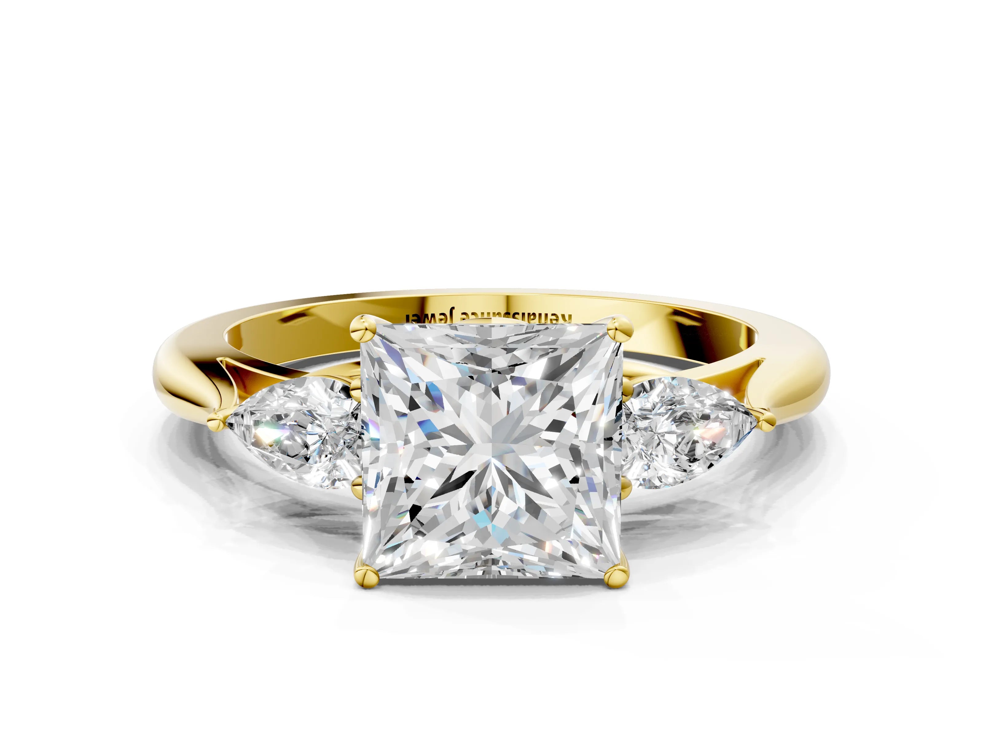 Yellow gold Princess Cut Diamond Three-Stone Ring with Pear with Moissanite side stone Side Stones and Prong Setting