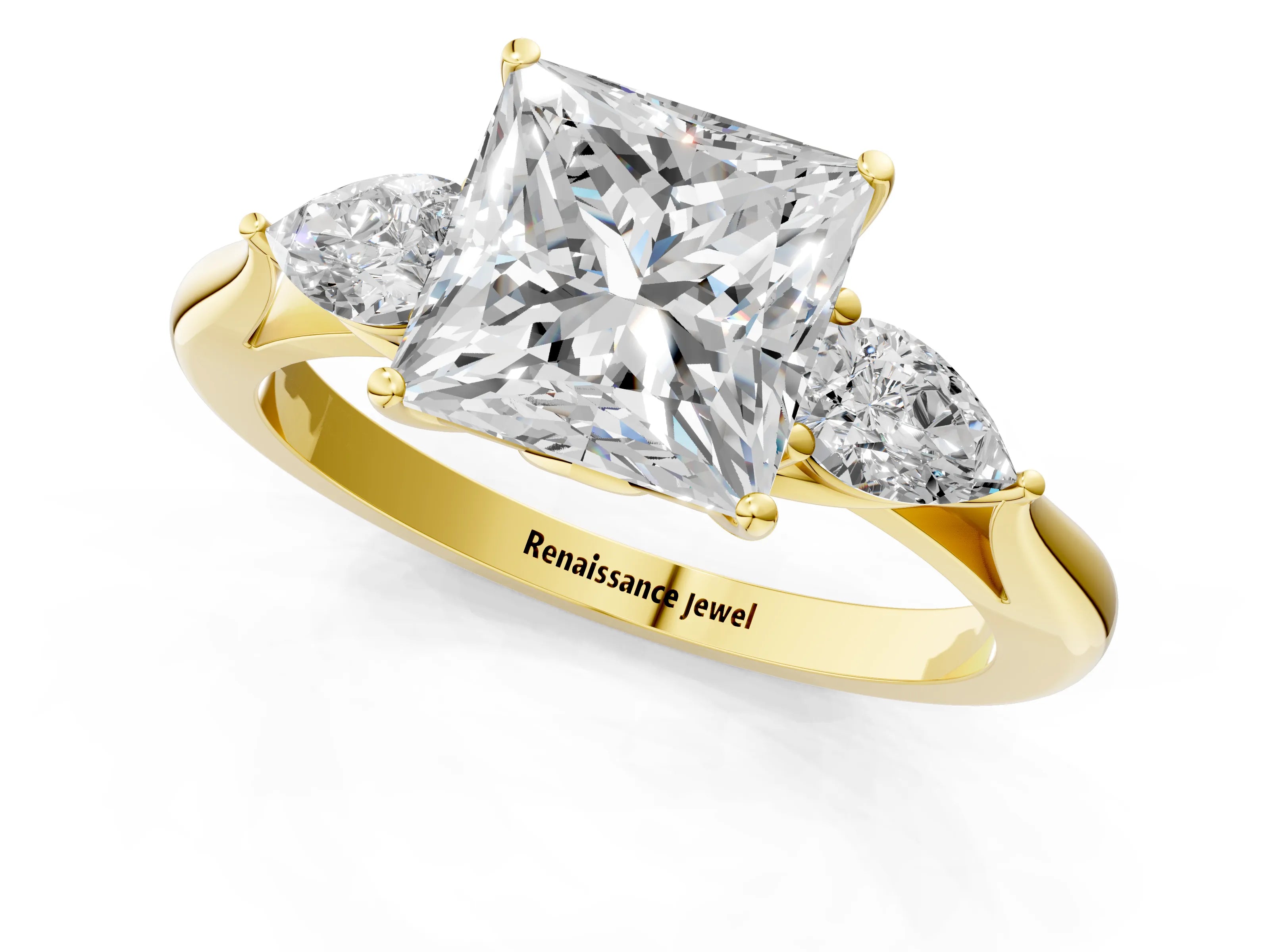 Yellow gold Princess Cut Diamond Three-Stone Ring with Pear with Moissanite side stone Side Stones and Prong Setting_1