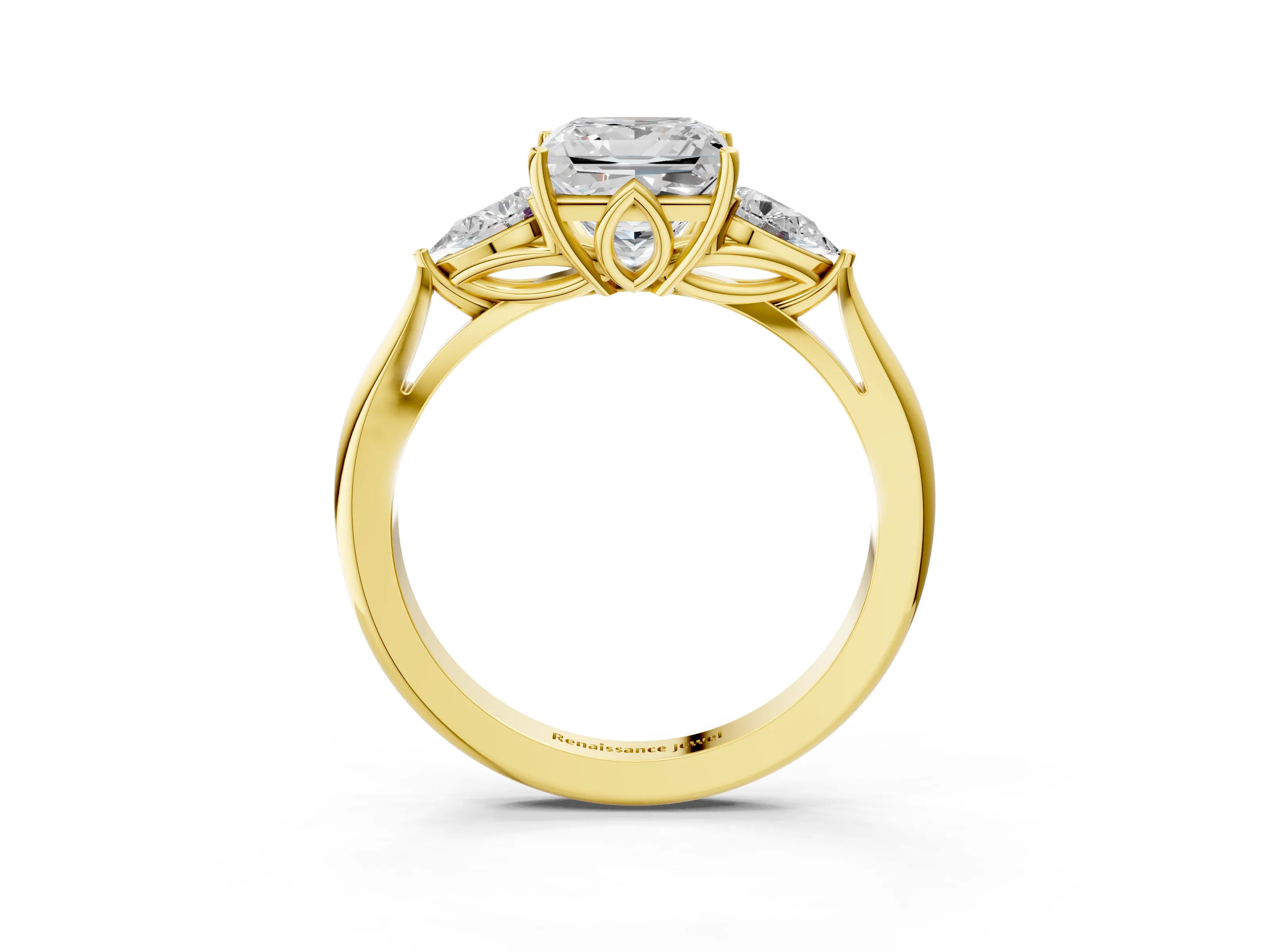 Yellow gold Princess Cut Diamond Three-Stone Ring with Pear with Moissanite side stone Side Stones and Prong Setting_3