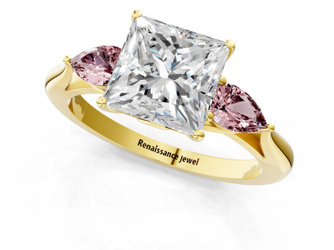 Yellow gold Princess Cut Diamond Three-Stone Ring with Pear with Morganite side stone Side Stones and Prong Setting_1