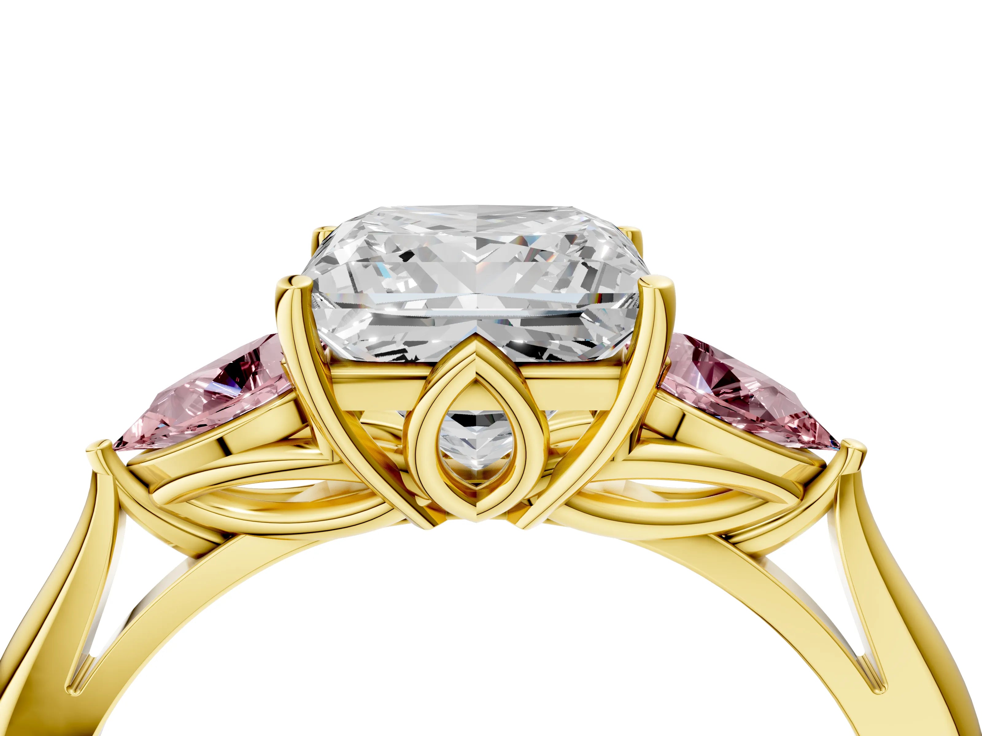 Yellow gold Princess Cut Diamond Three-Stone Ring with Pear with Morganite side stone Side Stones and Prong Setting_4