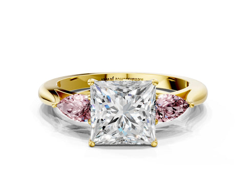 Yellow gold Princess Cut Diamond Three-Stone Ring with Pear with Morganite side stone Side Stones and Prong Setting