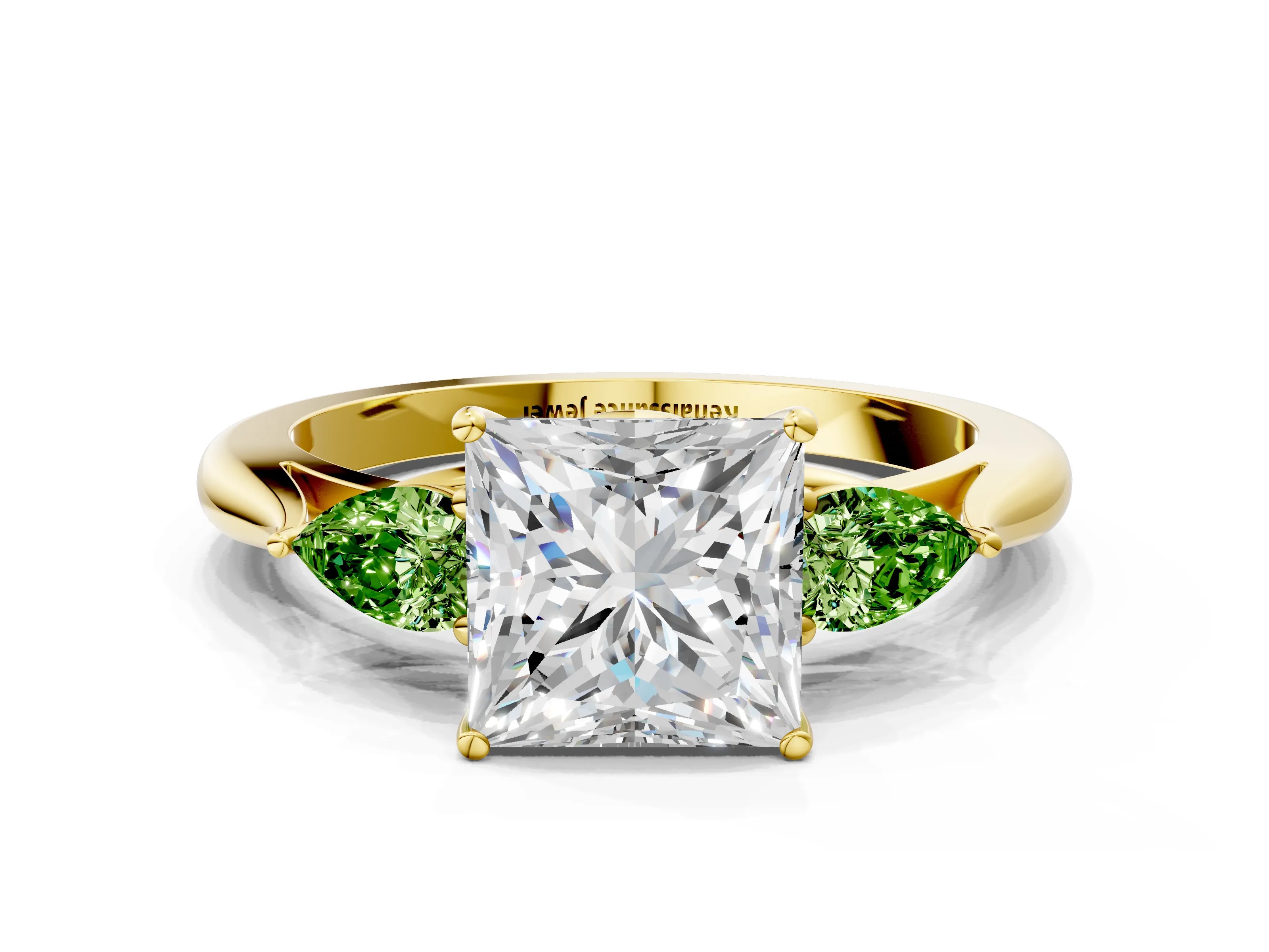Yellow gold Princess Cut Diamond Three-Stone Ring with Pear with Peridot side stone Side Stones and Prong Setting