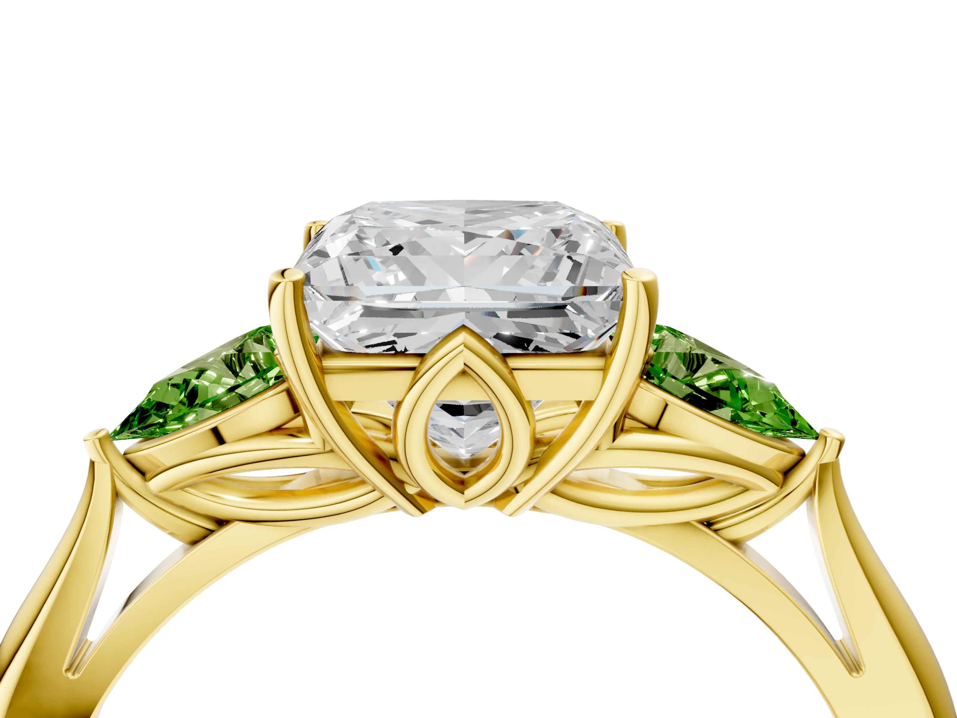 Yellow gold Princess Cut Diamond Three-Stone Ring with Pear with Peridot side stone Side Stones and Prong Setting_4