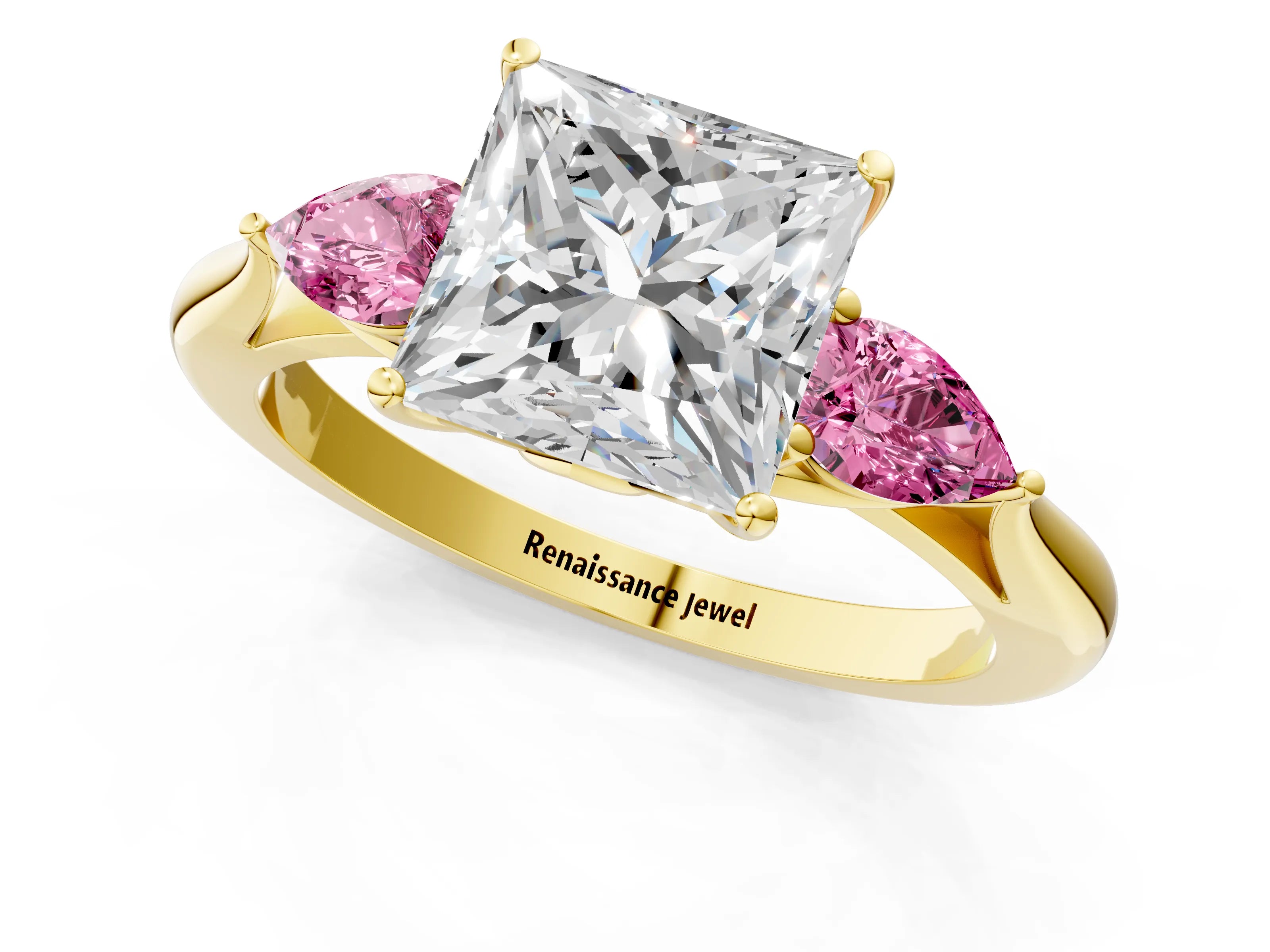 Yellow gold Princess Cut Diamond Three-Stone Ring with Pear with Pink Sapphire side stone Side Stones and Prong Setting_1