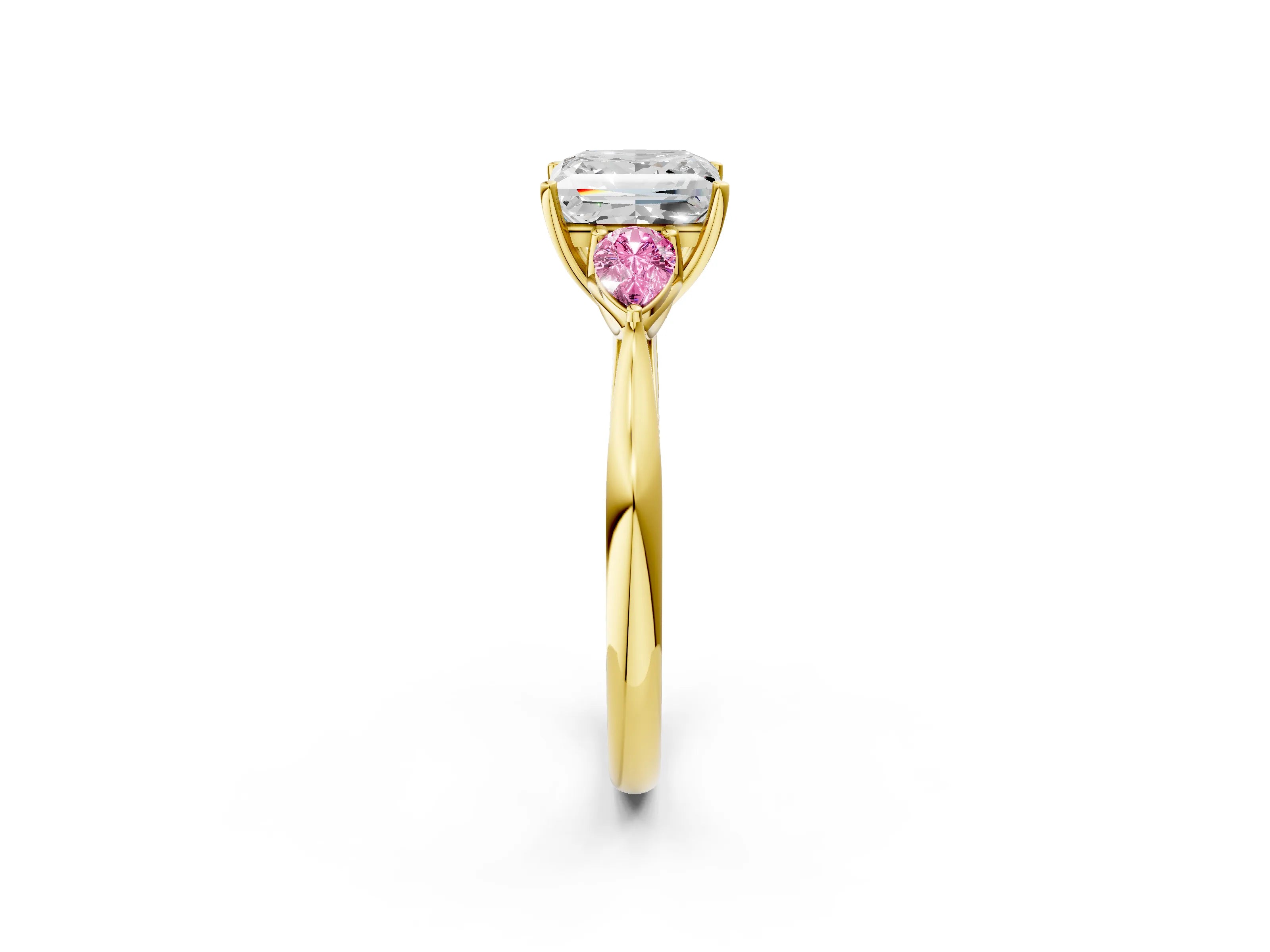 Yellow gold Princess Cut Diamond Three-Stone Ring with Pear with Pink Sapphire side stone Side Stones and Prong Setting_2