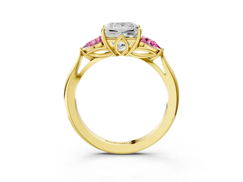 Yellow gold Princess Cut Diamond Three-Stone Ring with Pear with Pink Sapphire side stone Side Stones and Prong Setting_3