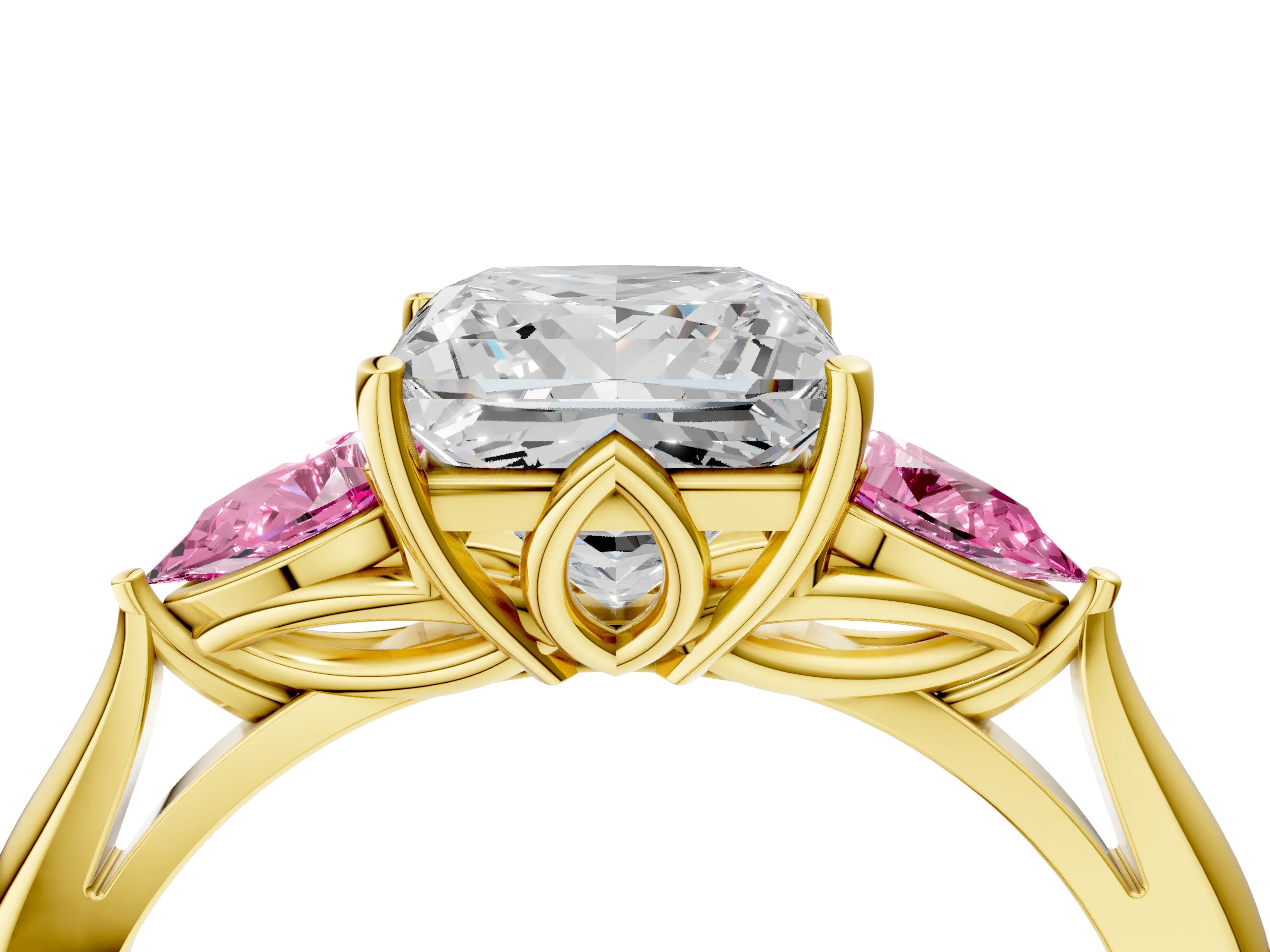 Yellow gold Princess Cut Diamond Three-Stone Ring with Pear with Pink Sapphire side stone Side Stones and Prong Setting_4