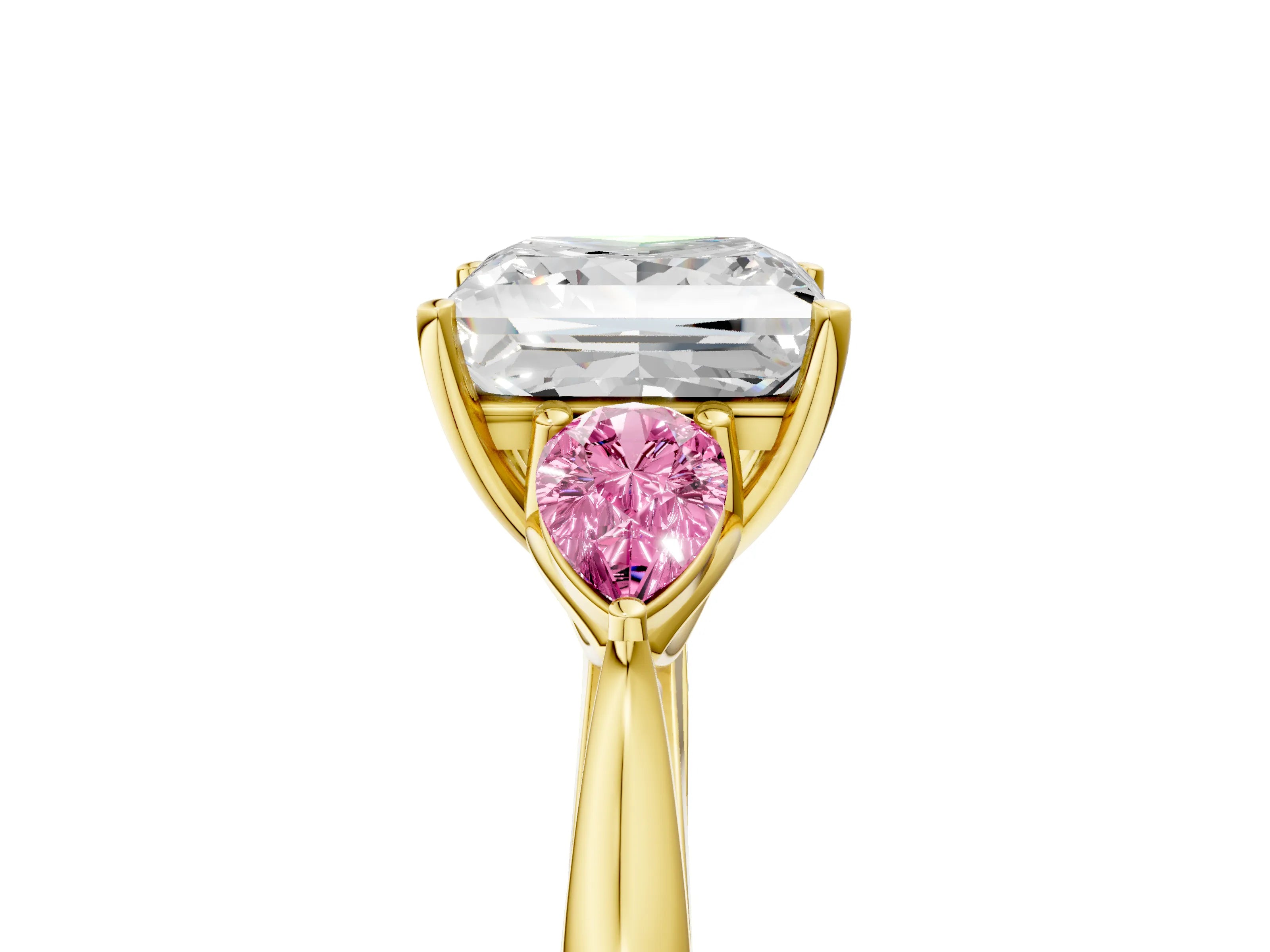 Yellow gold Princess Cut Diamond Three-Stone Ring with Pear with Pink Sapphire side stone Side Stones and Prong Setting_5