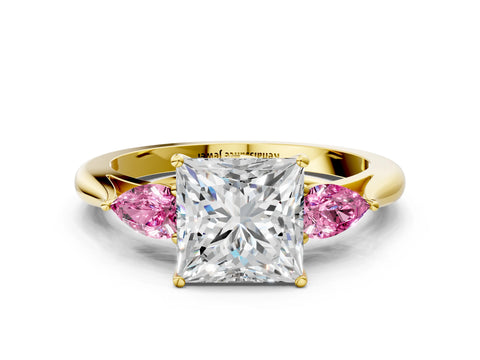 Yellow gold Princess Cut Diamond Three-Stone Ring with Pear with Pink Sapphire side stone Side Stones and Prong Setting