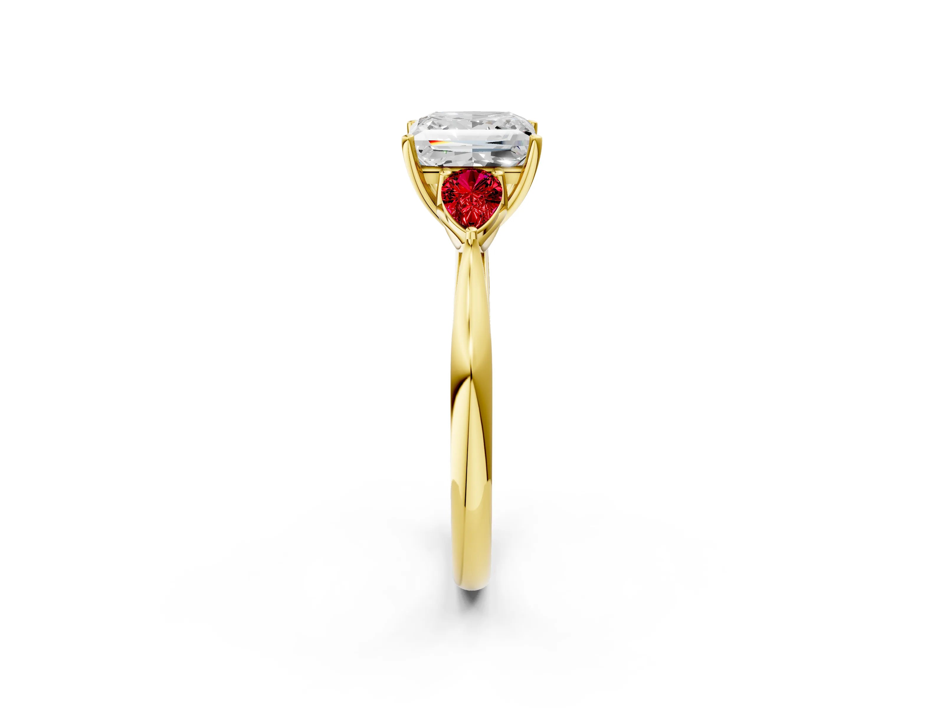 Yellow gold Princess Cut Diamond Three-Stone Ring with Pear with Ruby side stone Side Stones and Prong Setting_2