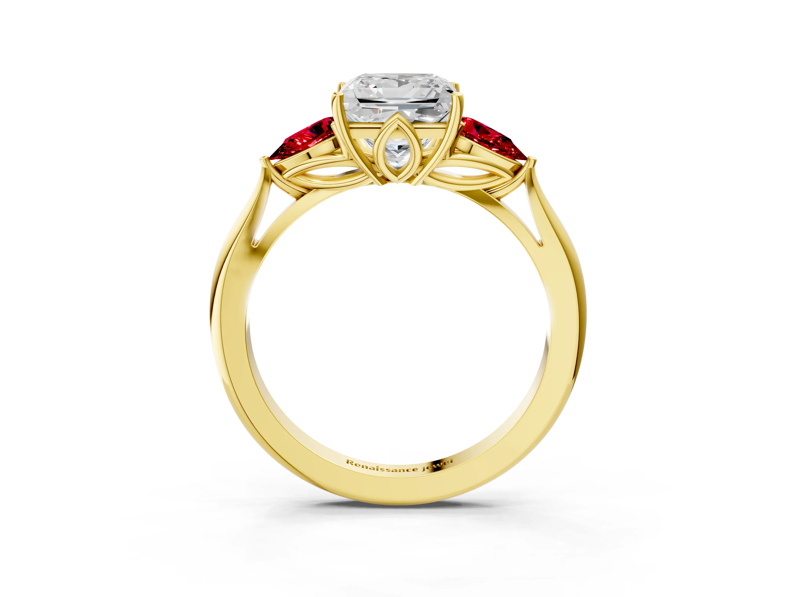 Yellow gold Princess Cut Diamond Three-Stone Ring with Pear with Ruby side stone Side Stones and Prong Setting_3