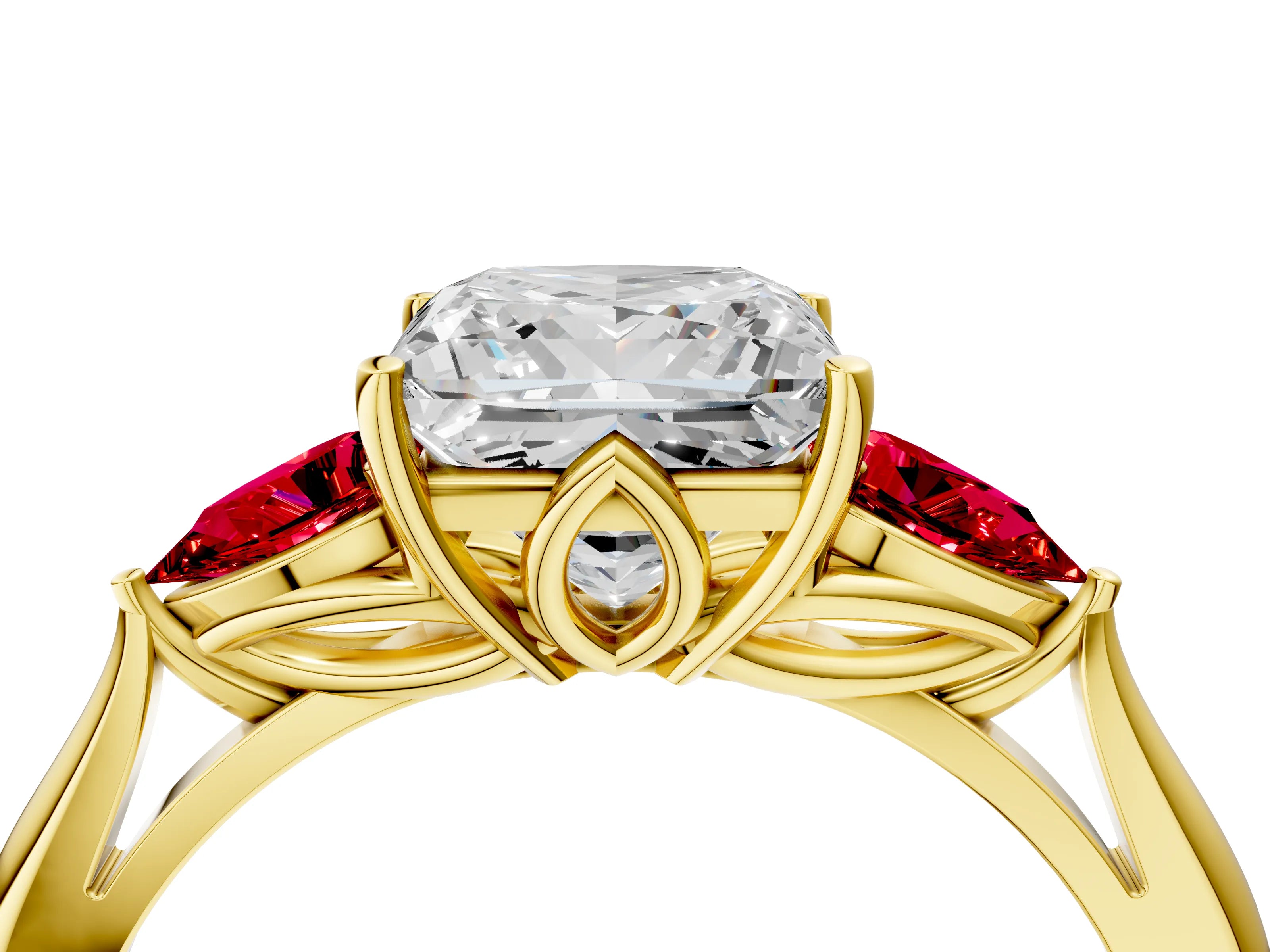 Yellow gold Princess Cut Diamond Three-Stone Ring with Pear with Ruby side stone Side Stones and Prong Setting_4