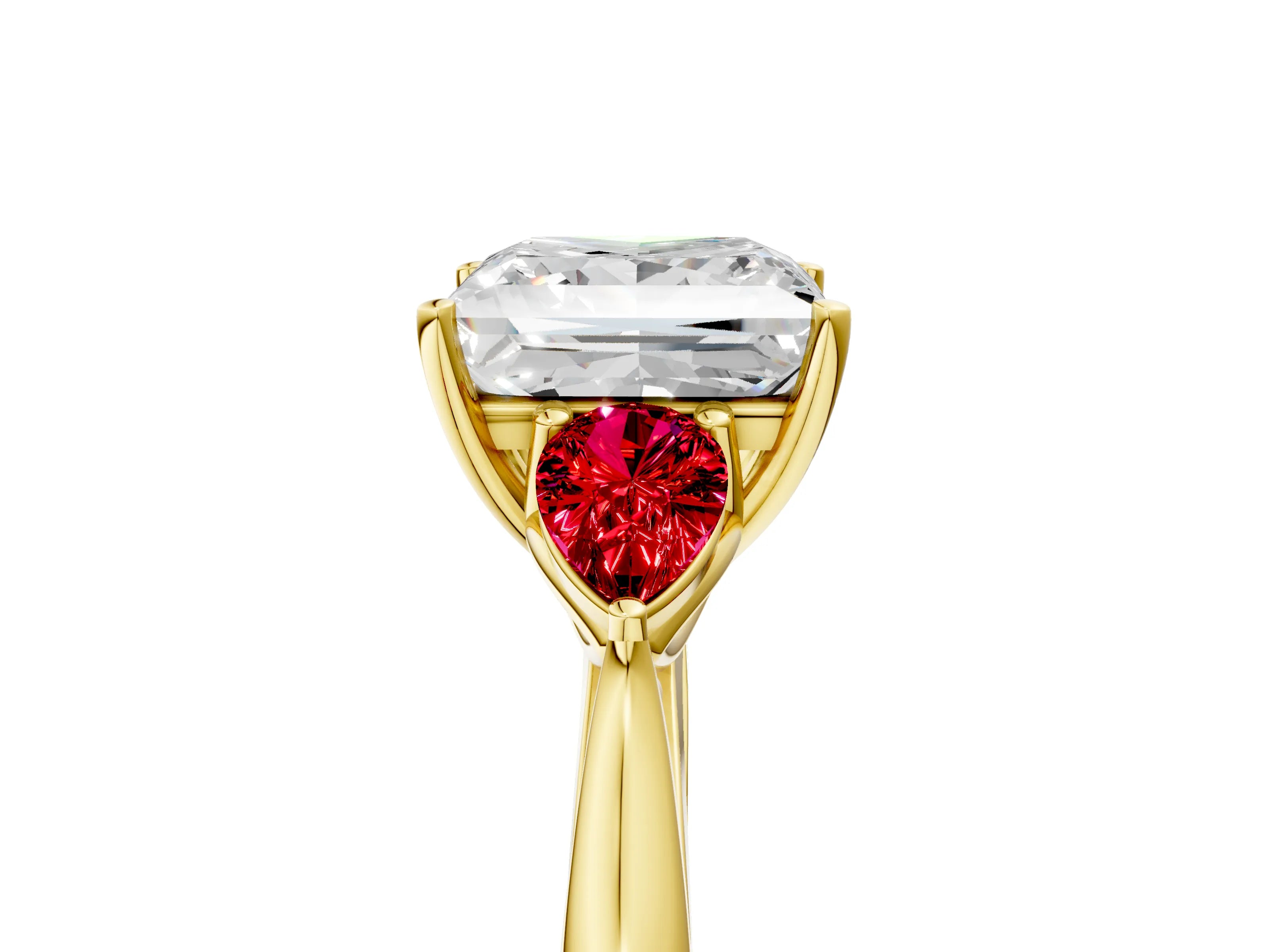 Yellow gold Princess Cut Diamond Three-Stone Ring with Pear with Ruby side stone Side Stones and Prong Setting_5