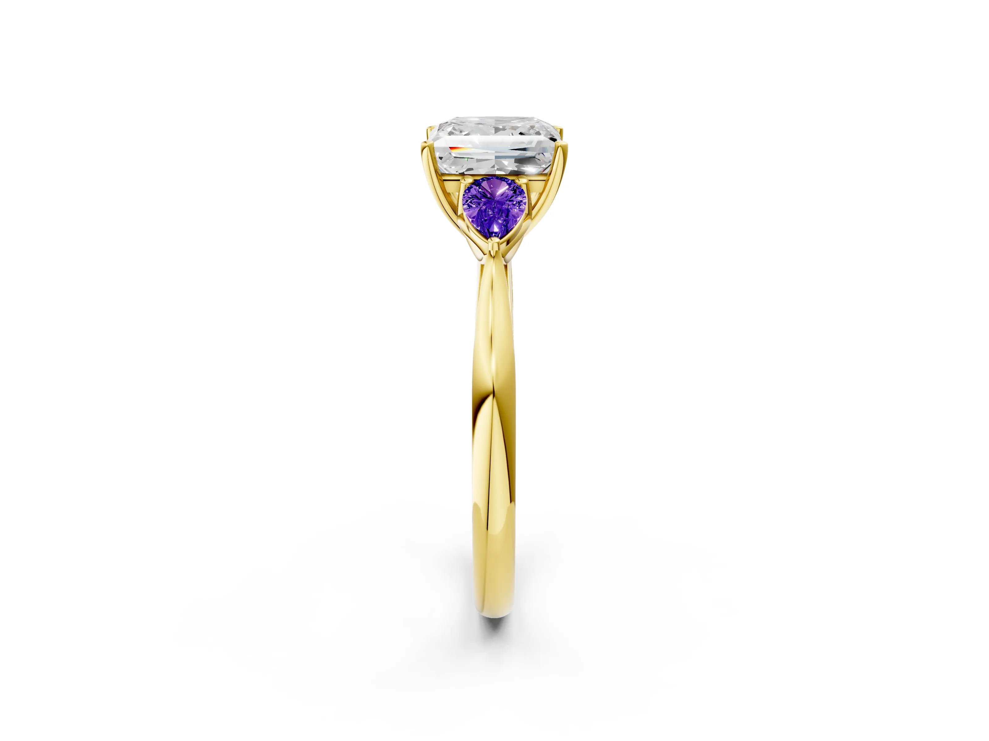 Yellow gold Princess Cut Diamond Three-Stone Ring with Pear with Tanzanite side stone Side Stones and Prong Setting_2