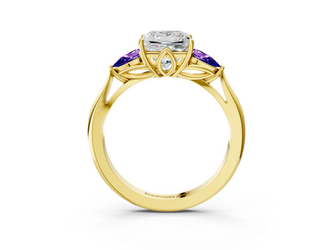 Yellow gold Princess Cut Diamond Three-Stone Ring with Pear with Tanzanite side stone Side Stones and Prong Setting_3