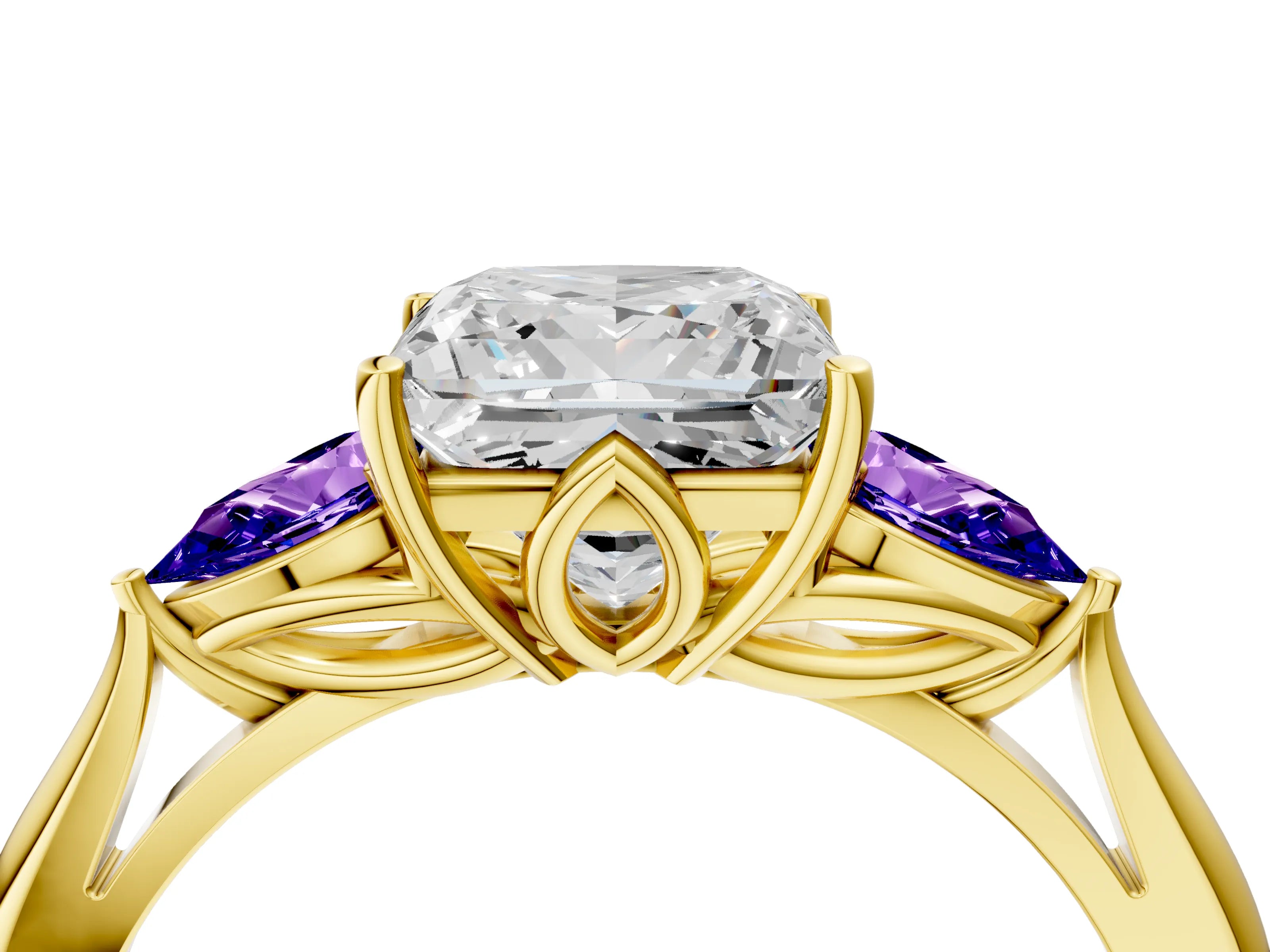Yellow gold Princess Cut Diamond Three-Stone Ring with Pear with Tanzanite side stone Side Stones and Prong Setting_4