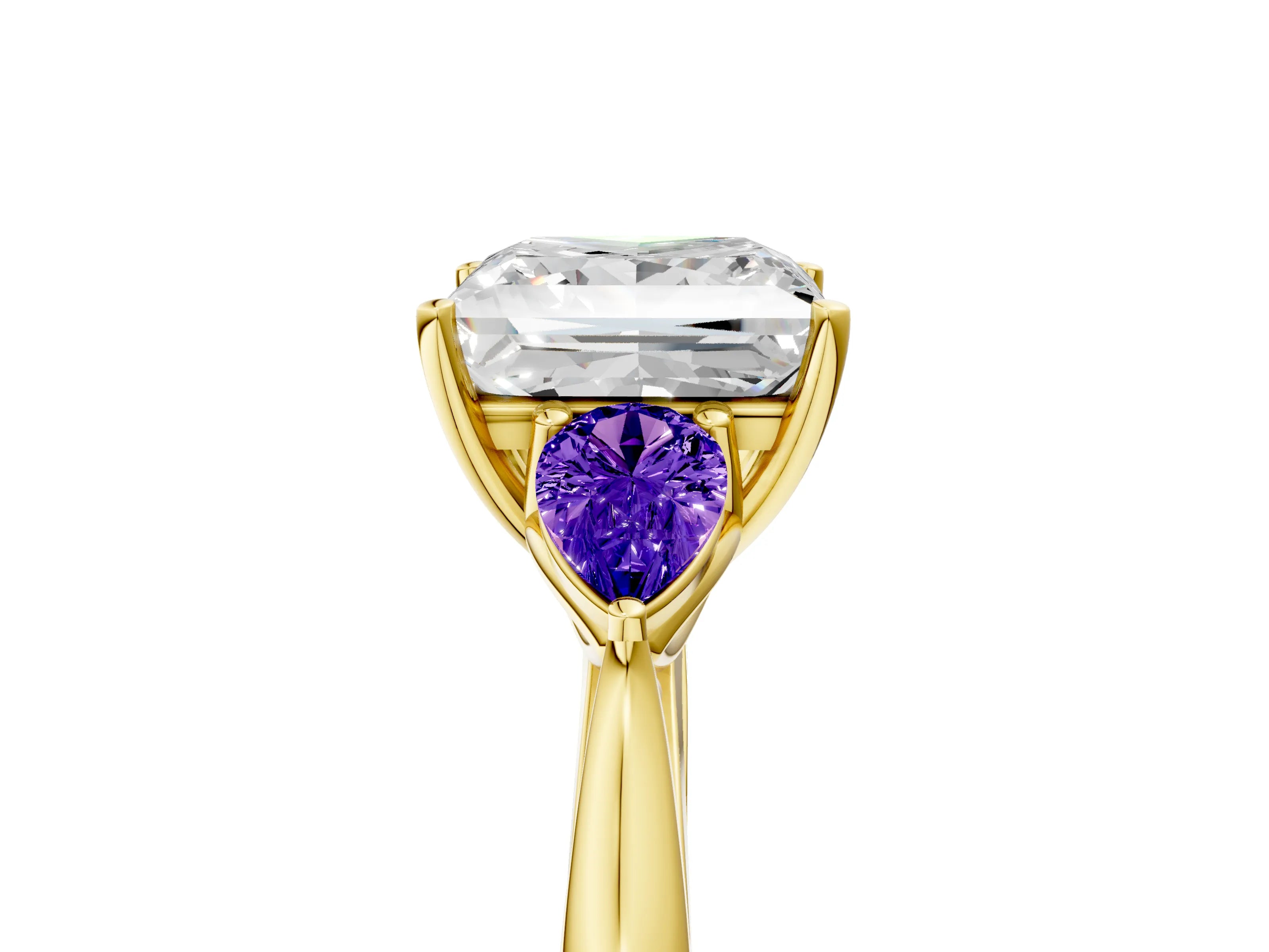 Yellow gold Princess Cut Diamond Three-Stone Ring with Pear with Tanzanite side stone Side Stones and Prong Setting_5
