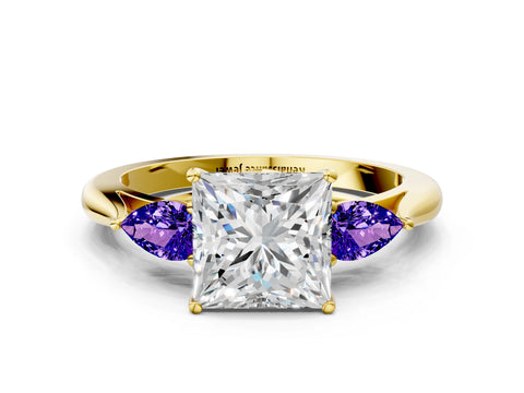 Yellow gold Princess Cut Diamond Three-Stone Ring with Pear with Tanzanite side stone Side Stones and Prong Setting