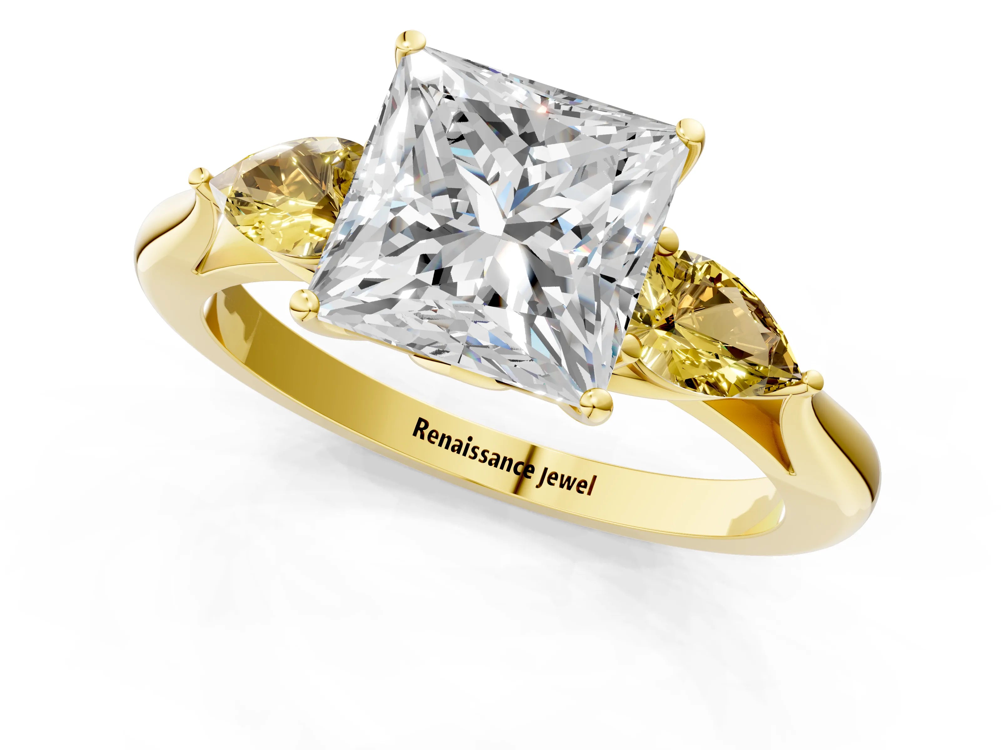 Yellow gold Princess Cut Diamond Three-Stone Ring with Pear with Yellow Sapphire side stone Side Stones and Prong Setting_1
