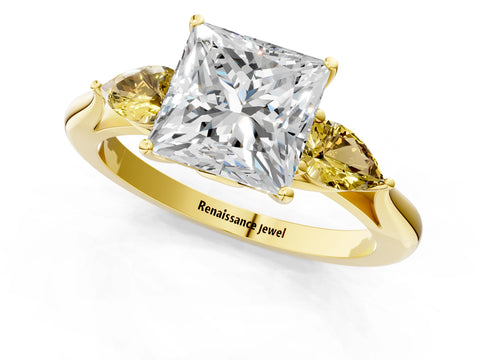 Yellow gold Princess Cut Diamond Three-Stone Ring with Pear with Yellow Sapphire side stone Side Stones and Prong Setting_1