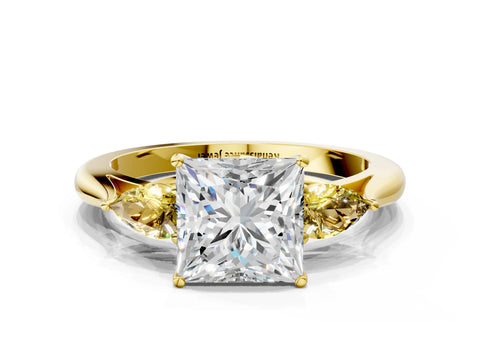 Yellow gold Princess Cut Diamond Three-Stone Ring with Pear with Yellow Sapphire side stone Side Stones and Prong Setting