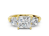 Yellow gold Princess Cut Diamond Three-Stone Ring with Prong Setting and Pavé Band_3