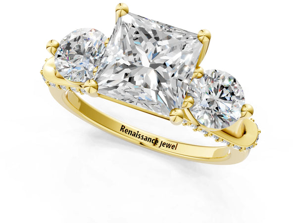 Yellow Gold Princess Cut Curved Pave Three Stone Engagement Ring Setting