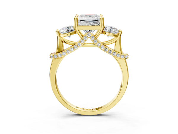 Yellow Gold Princess Cut Curved Pave Three Stone Engagement Ring Setting