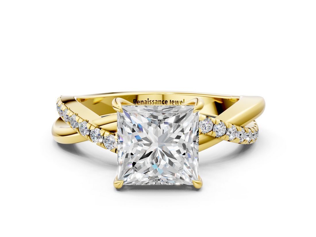 Yellow gold Princess Cut Diamond Twisted Band with Pavé Setting and Four-Prong Setting_30
