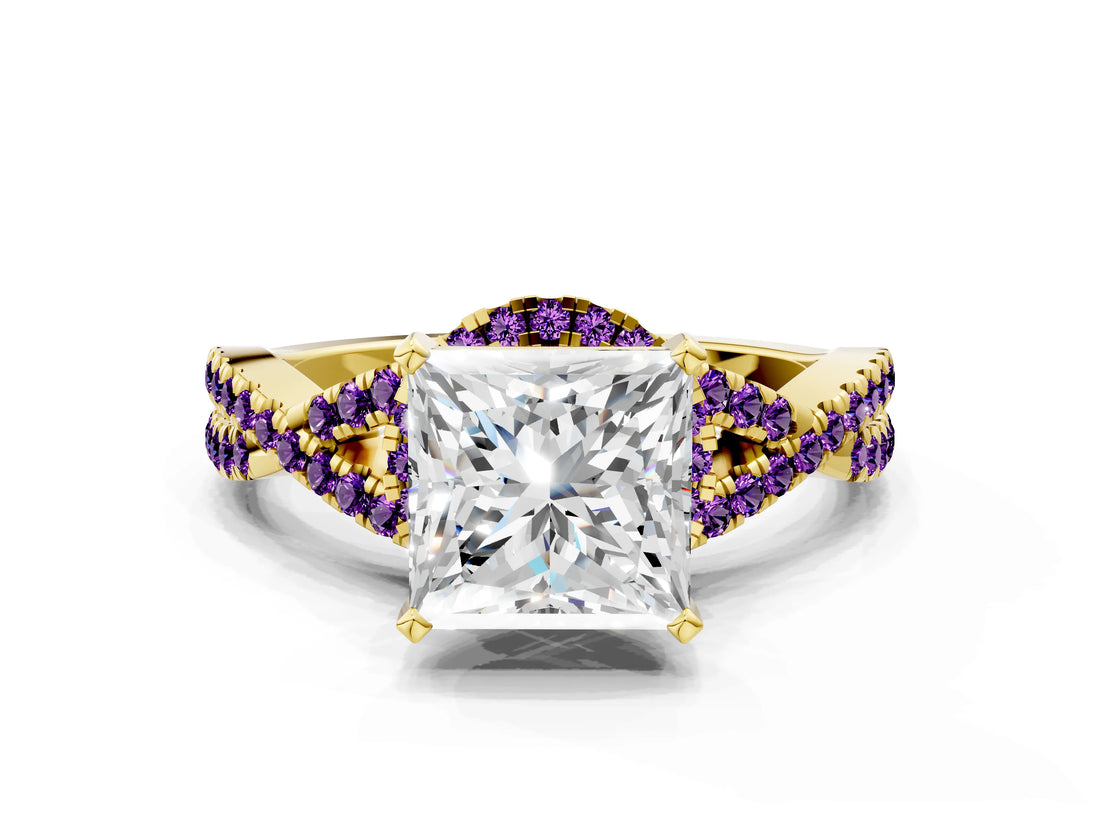 Yellow gold Princess Cut Diamond with Amethyst side stone Halo Twist Band Solitaire Prong Setting Ring_12