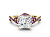 Yellow gold Princess Cut Diamond with Amethyst side stone Halo Twist Band Solitaire Prong Setting Ring_12