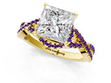 Yellow gold Princess Cut Diamond with Amethyst side stone Halo Twist Band Solitaire Prong Setting Ring_13