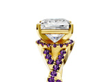 Yellow gold Princess Cut Diamond with Amethyst side stone Halo Twist Band Solitaire Prong Setting Ring_17