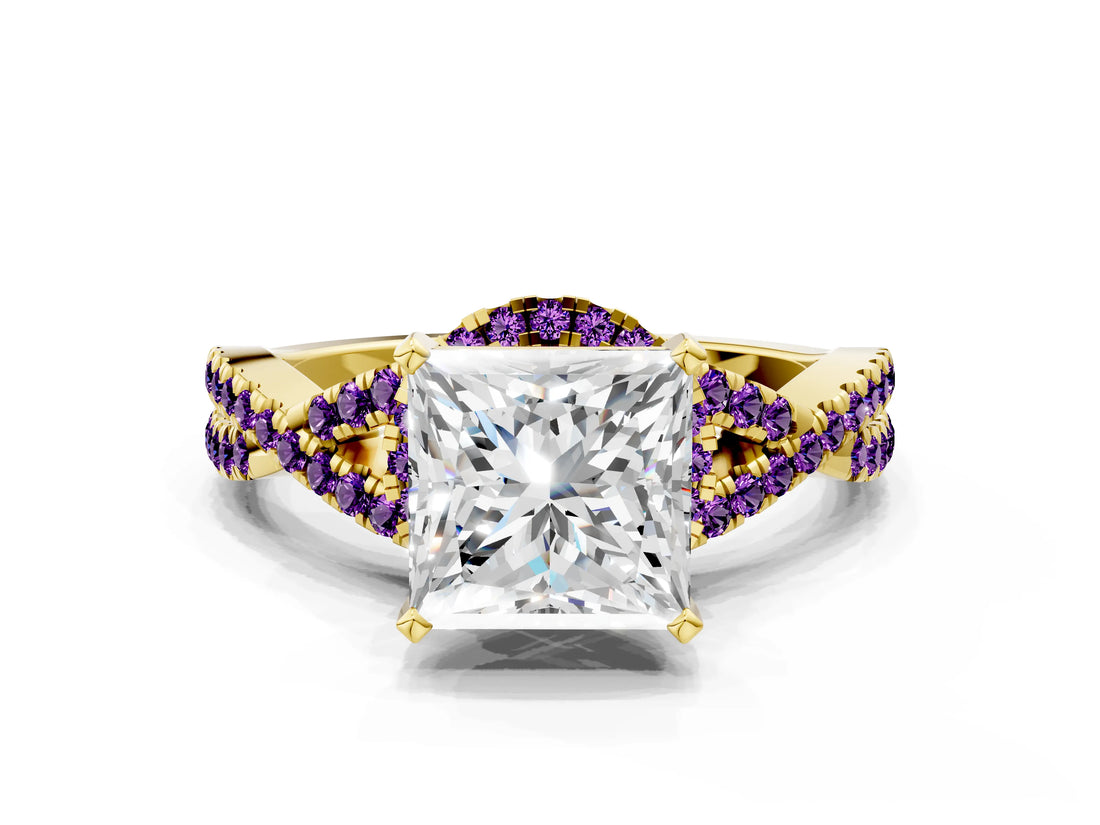 Yellow gold Princess Cut Diamond with Amethyst side stone Halo Twist Band Solitaire Prong Setting Ring_24
