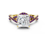 Yellow gold Princess Cut Diamond with Amethyst side stone Halo Twist Band Solitaire Prong Setting Ring_24