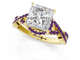 Yellow gold Princess Cut Diamond with Amethyst side stone Halo Twist Band Solitaire Prong Setting Ring_25