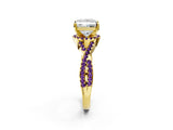 Yellow gold Princess Cut Diamond with Amethyst side stone Halo Twist Band Solitaire Prong Setting Ring_26