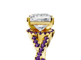 Yellow gold Princess Cut Diamond with Amethyst side stone Halo Twist Band Solitaire Prong Setting Ring_29