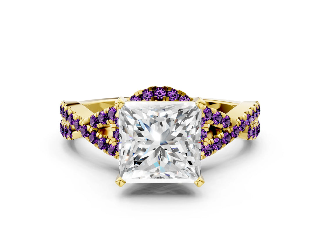 Yellow gold Princess Cut Diamond with Amethyst side stone Halo Twist Band Solitaire Prong Setting Ring_36