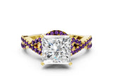 Yellow gold Princess Cut Diamond with Amethyst side stone Halo Twist Band Solitaire Prong Setting Ring_36