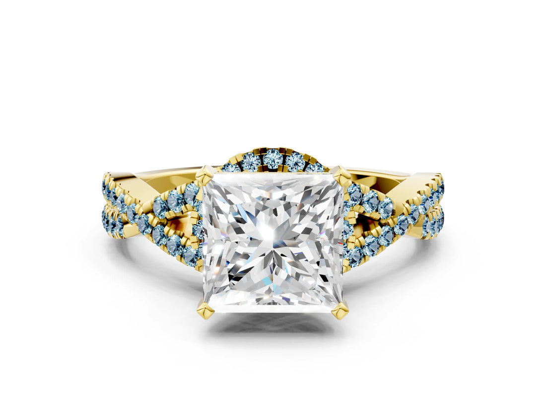 Yellow gold Princess Cut Diamond with Aquamarine side stone Halo Twist Band Solitaire Prong Setting Ring_12