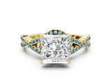 Yellow gold Princess Cut Diamond with Aquamarine side stone Halo Twist Band Solitaire Prong Setting Ring_12