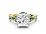 Yellow gold Princess Cut Diamond with Aquamarine side stone Halo Twist Band Solitaire Prong Setting Ring_24