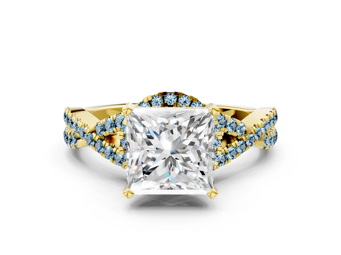 Yellow gold Princess Cut Diamond with Aquamarine side stone Halo Twist Band Solitaire Prong Setting Ring_30