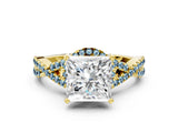 Yellow gold Princess Cut Diamond with Aquamarine side stone Halo Twist Band Solitaire Prong Setting Ring_30