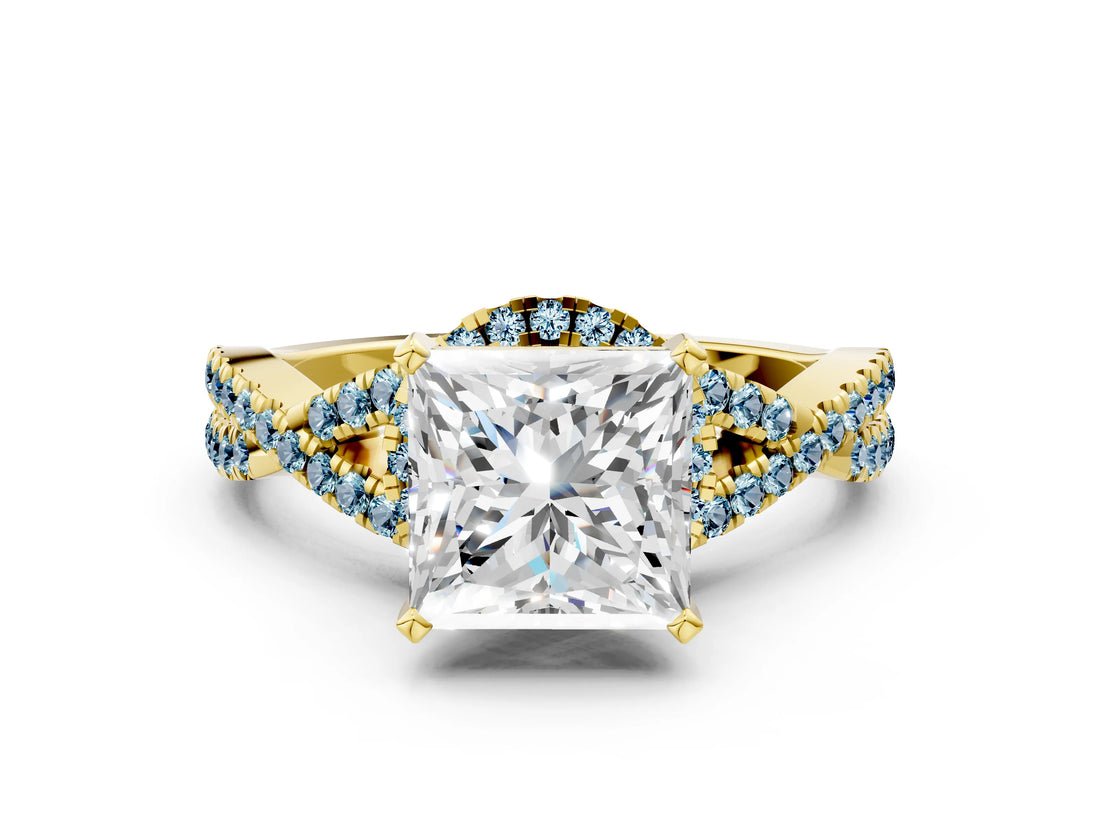 Yellow gold Princess Cut Diamond with Aquamarine side stone Halo Twist Band Solitaire Prong Setting Ring_42