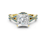 Yellow gold Princess Cut Diamond with Aquamarine side stone Halo Twist Band Solitaire Prong Setting Ring_42