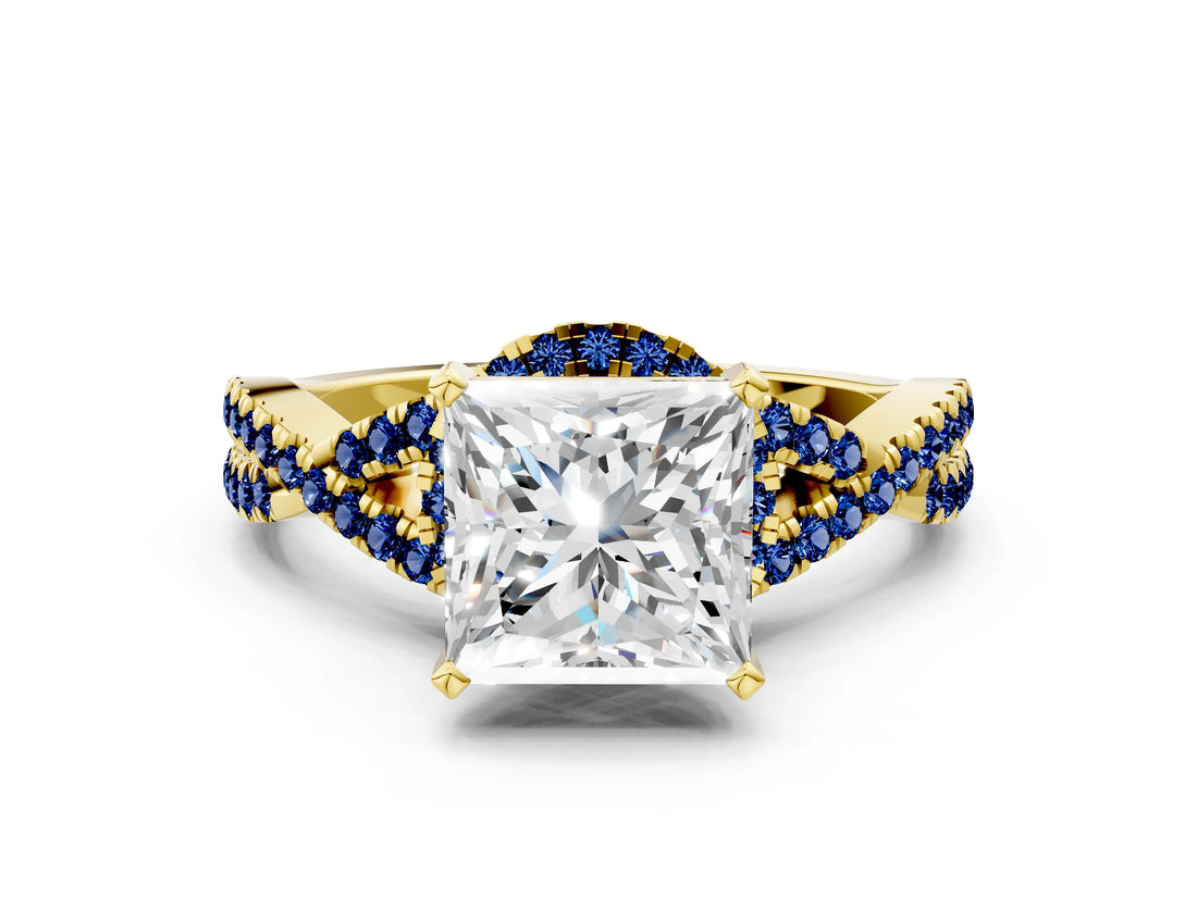 Yellow gold Princess Cut Diamond with Blue Sapphire side stone Halo Twist Band Solitaire Prong Setting Ring_12