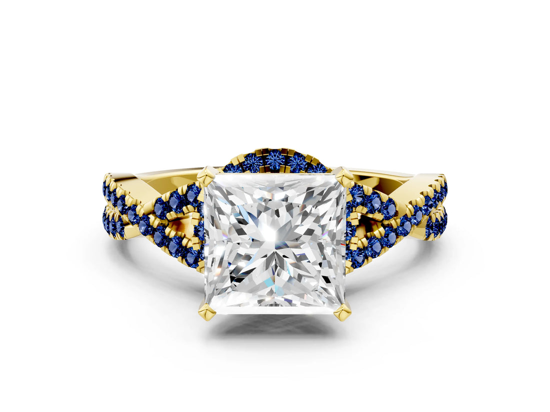 Yellow gold Princess Cut Diamond with Blue Sapphire side stone Halo Twist Band Solitaire Prong Setting Ring_36